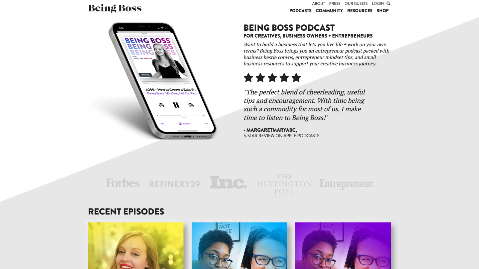 Screenshot of Being Boss' podcast website homepage as example