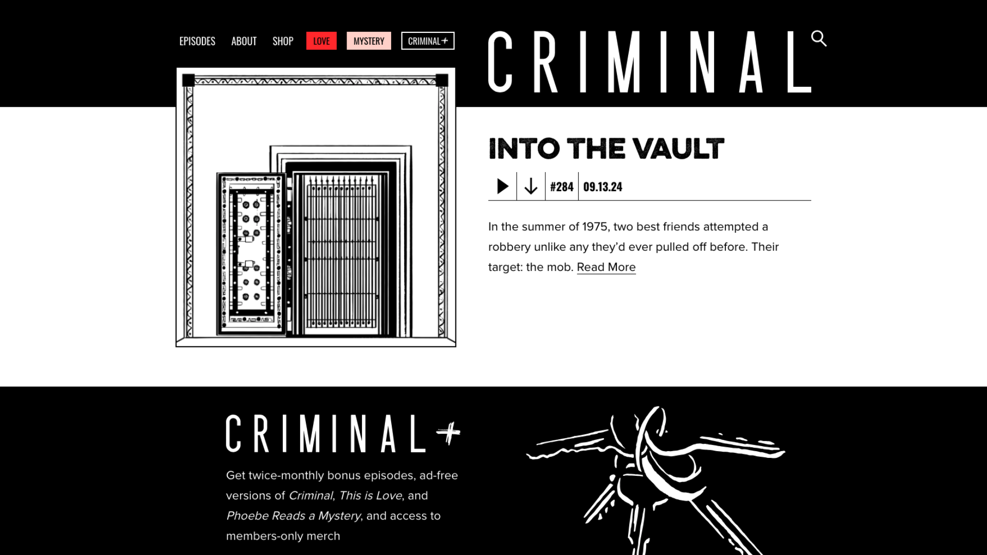 Screenshot of Criminal's podcast website homepage example