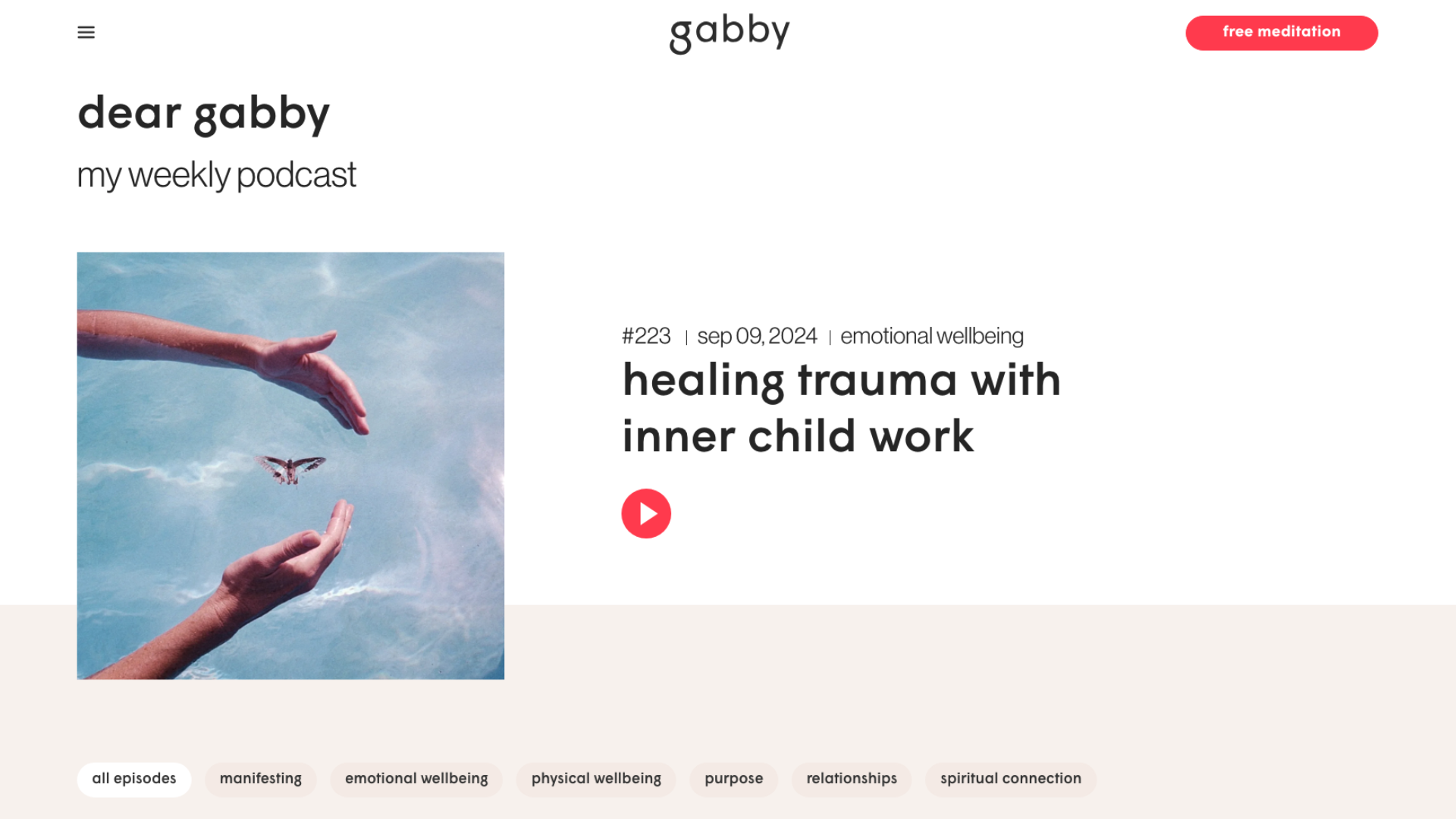 Screenshot of Dear Gabby's podcast website homepage example