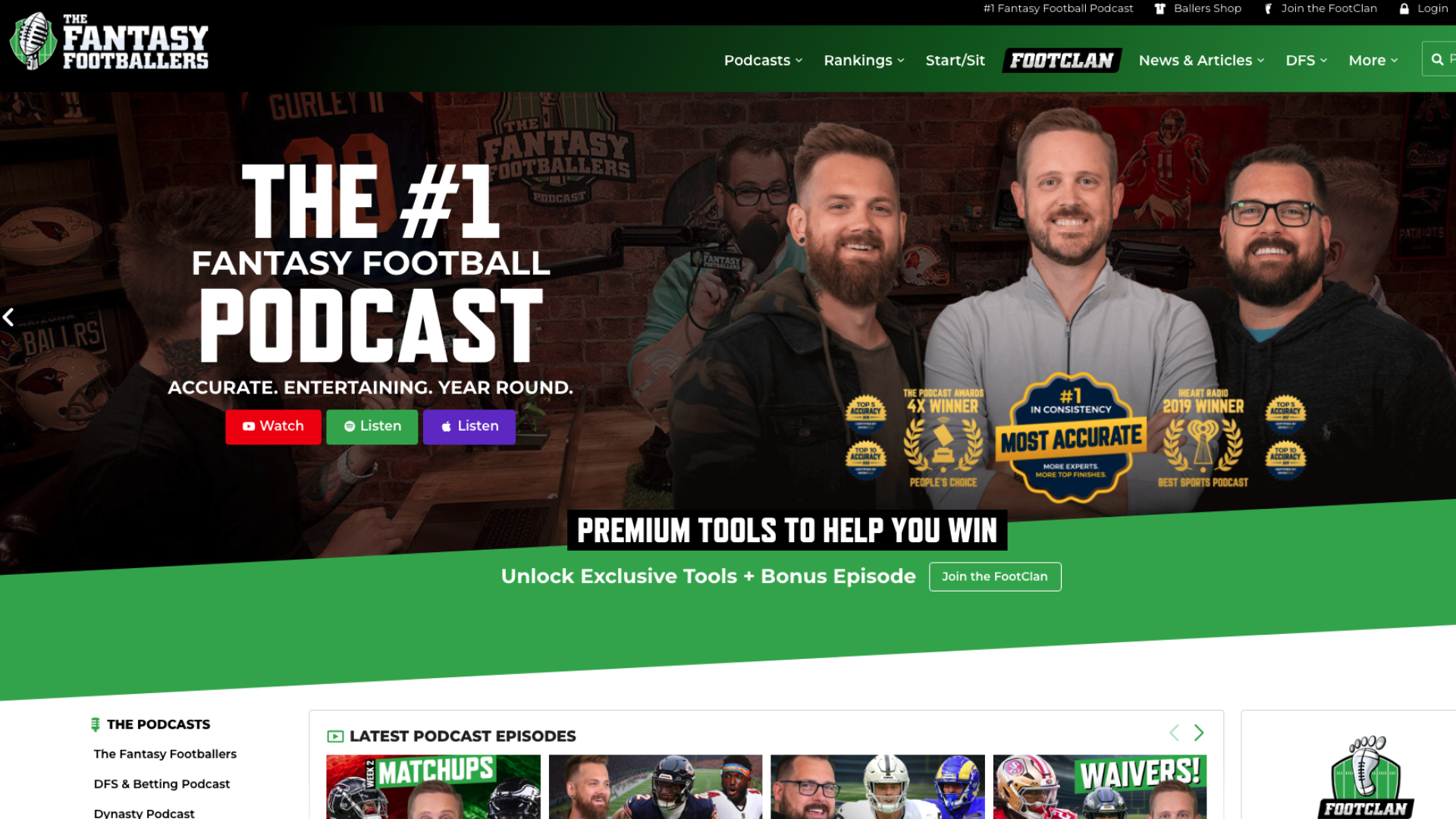 Screenshot of The Fantasy Footballers' podcast website homepage example