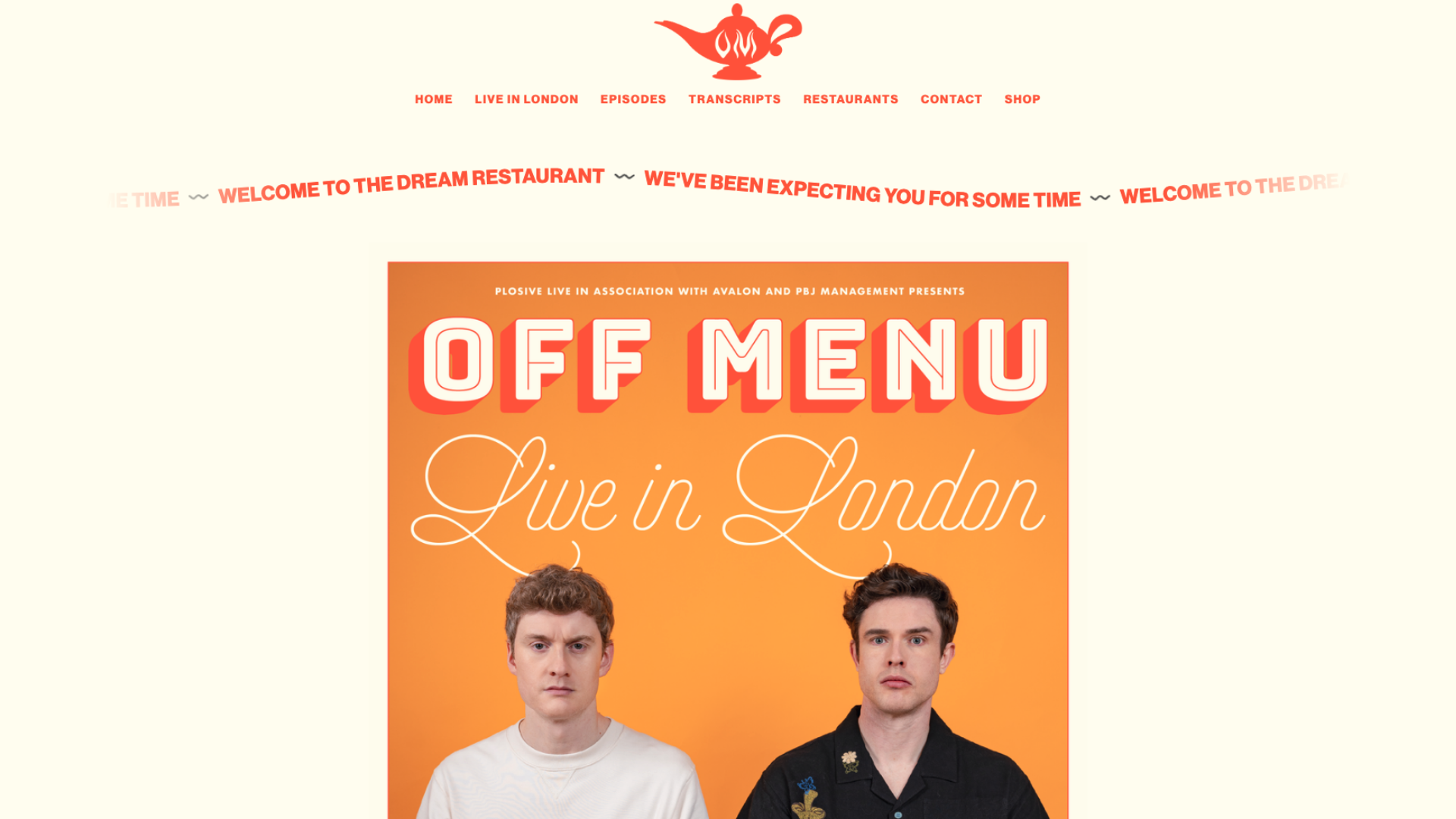 Screenshot of Off Menu’s podcast website homepage example
