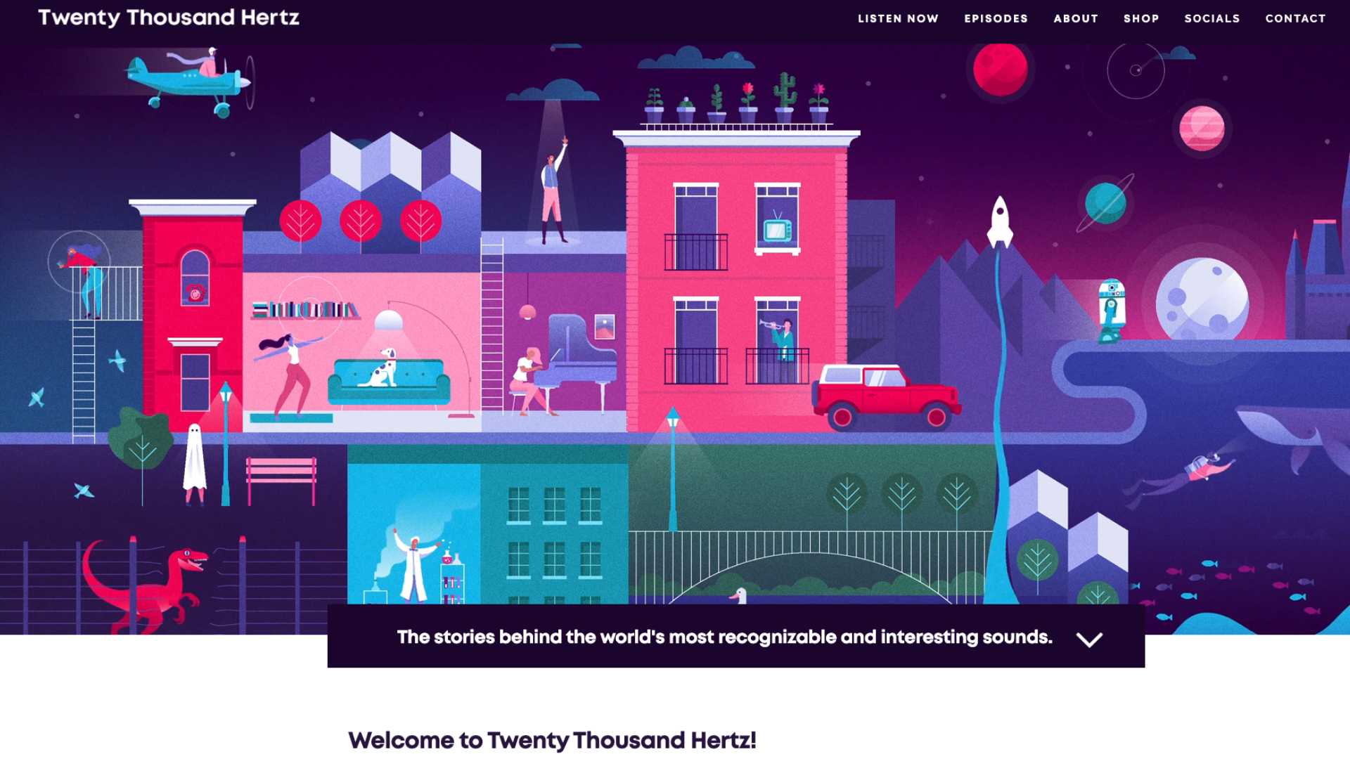 Screenshot of Twenty Thousand Hertz’s podcast website homepage example