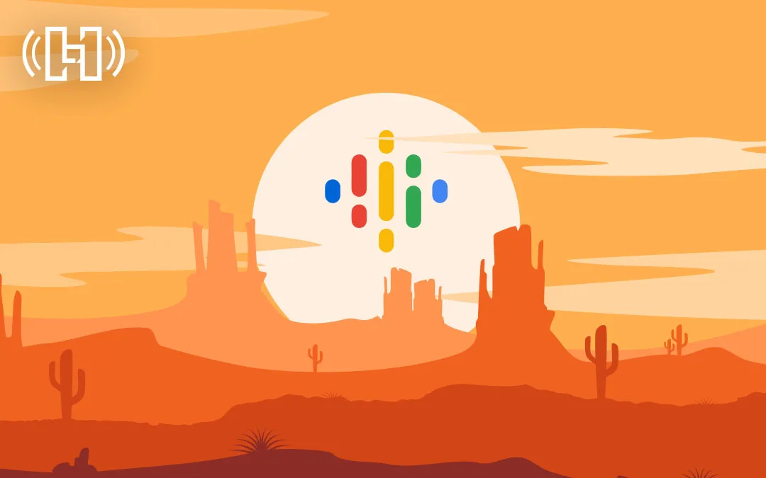 Orange desert background with sunset and Google Podcasts logo floating in the air