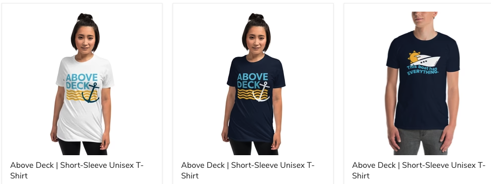 Screenshot of Above Deck's podcast merch collection with three tshirts in navy and white