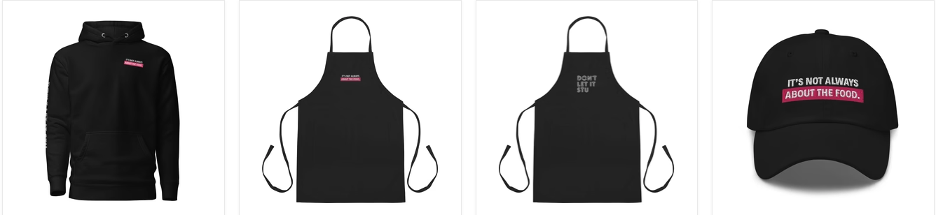 Screenshot of Don't Let It Stu podcast merch collection with black sweatshirt, aprons, and baseball hat