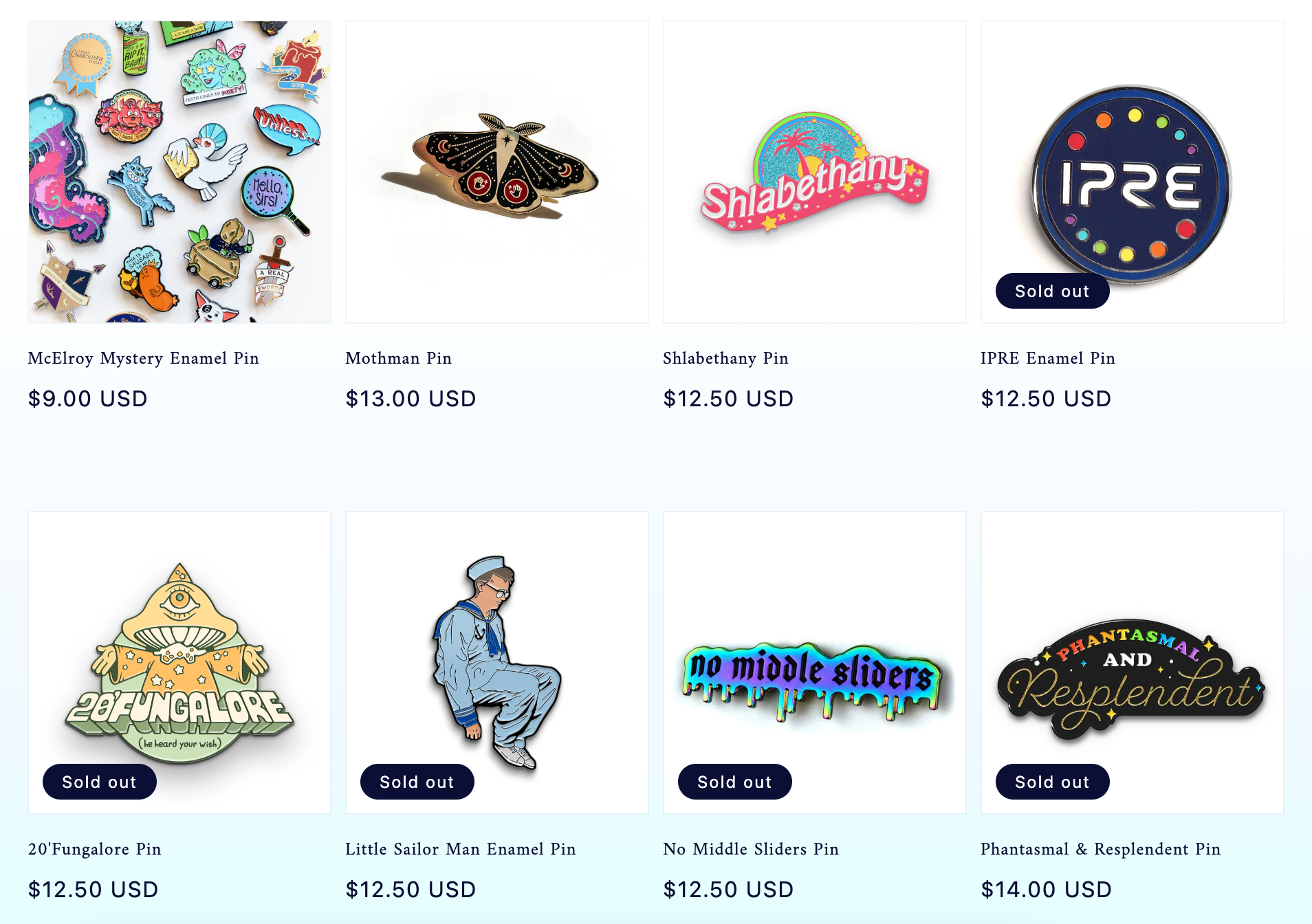 Screenshot of McElroy Merch Squad enamel pins